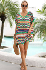 Rainbow Stripe Scalloped V-Neck Cover-Up Dress