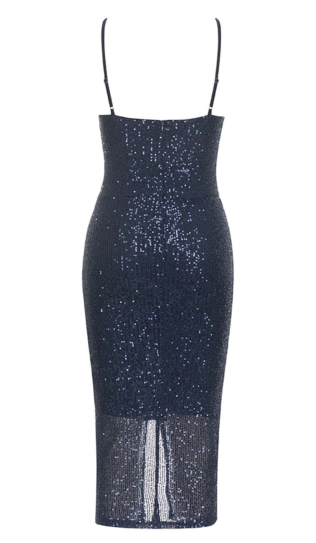 3D Floral Halter Sequin Midi DressIn Navy Blue