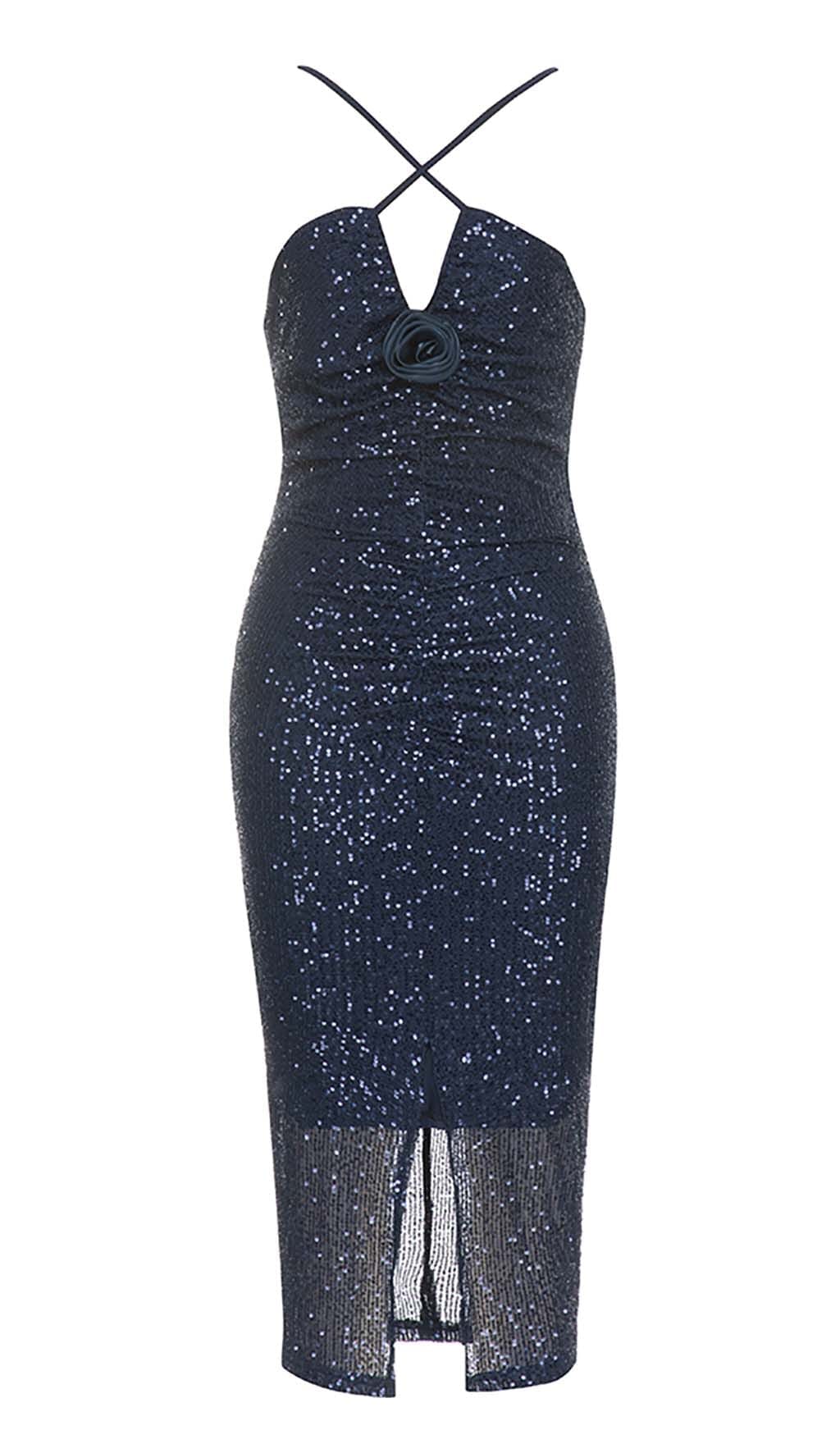 3D Floral Halter Sequin Midi DressIn Navy Blue