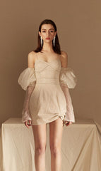 Strapless Bubble Sleeve Dress In Beige