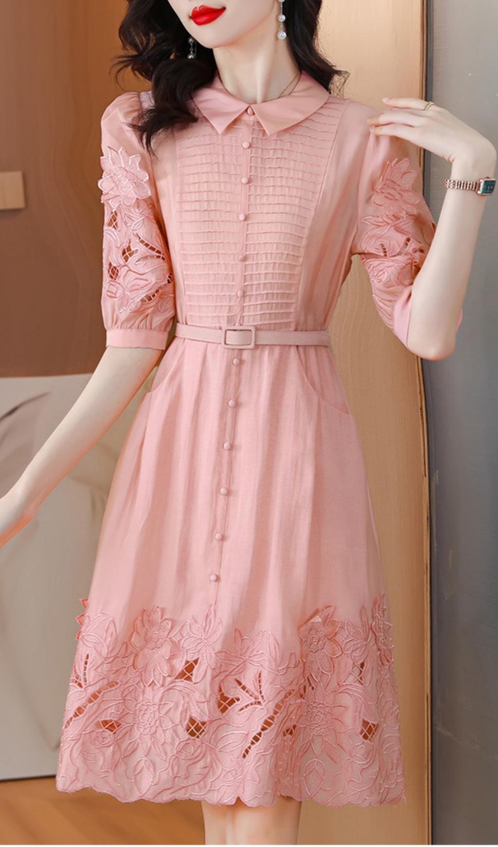 Cutout Embroidery Midi Dress In Pink