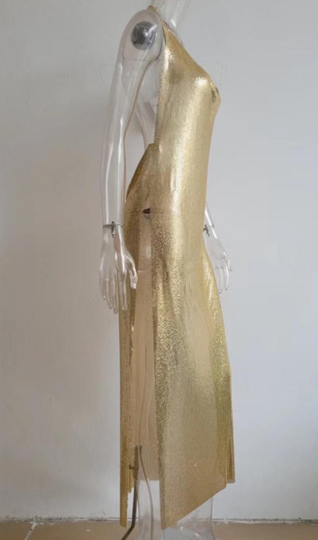 Gold Backless Metallic Midi Dress