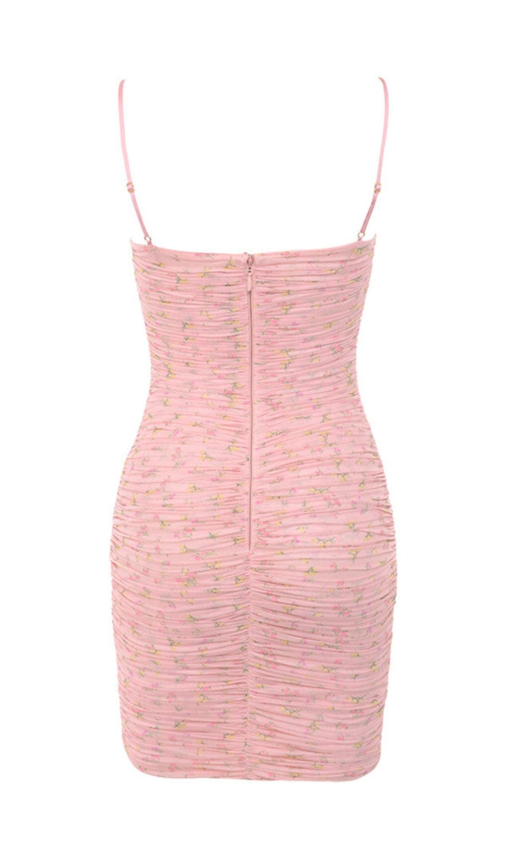 Pink Floral Ruched Organza Mesh Mini Dress