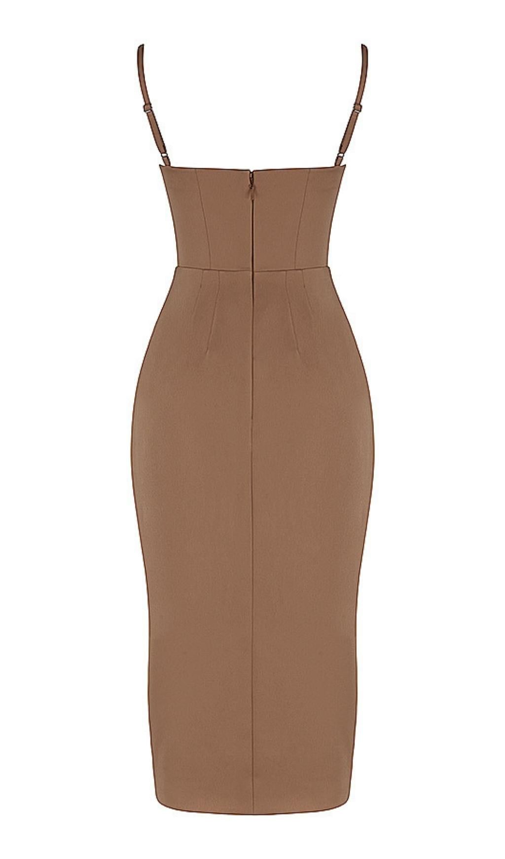 Satin Midi Dress In Brown