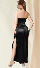 Black Satin Strapless Maxi Dress