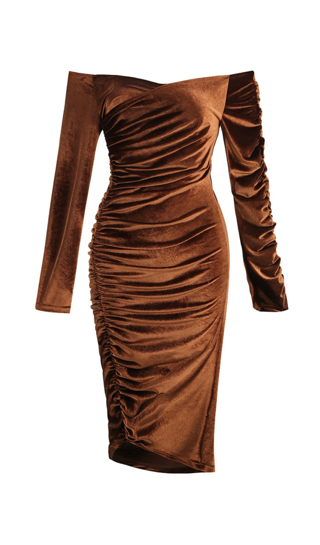 Brown Off Shoulder Velvet Midi Dress