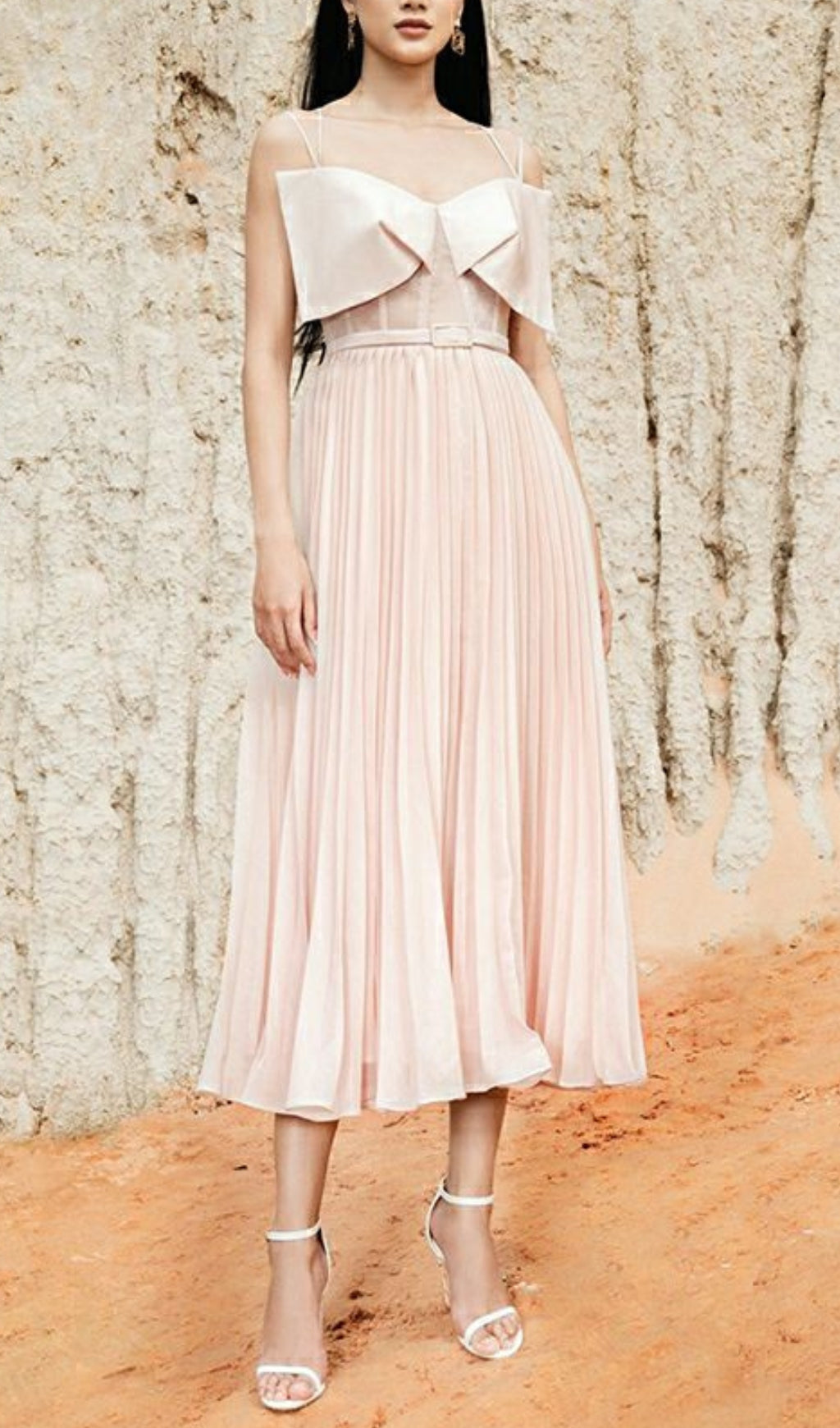 Bow Sleeveless Pleated Midi Dress
