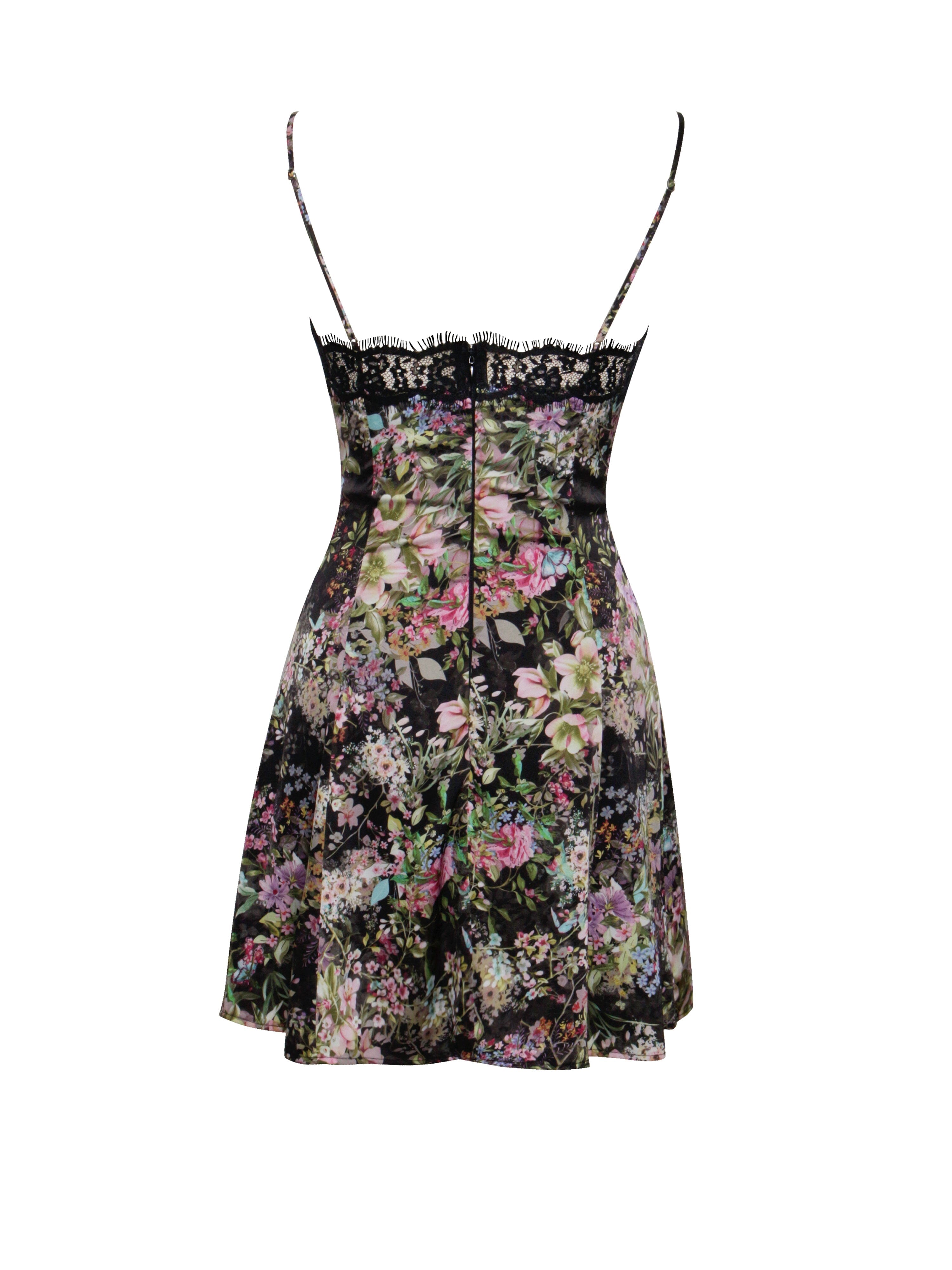 Floral Print Satin Mini Dress With Lace Trim