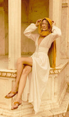 Button-Front Puffed Sleeves Maxi Dress In Beige