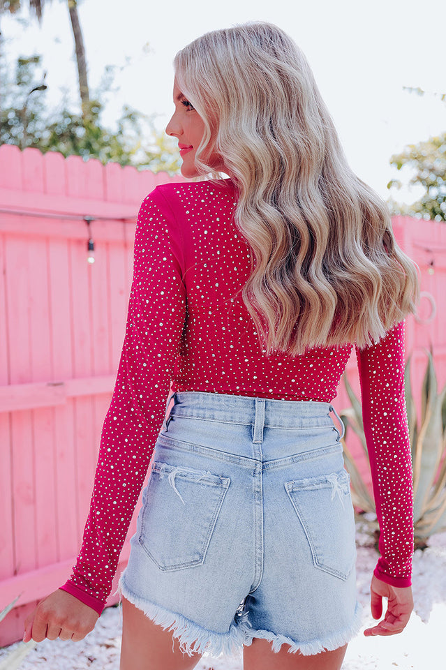 Rhinestone Round Neck Bodysuit