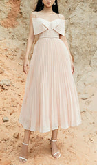 Bow Sleeveless Pleated Midi Dress