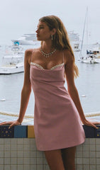 Satin Pearl Mini Dress In Pink