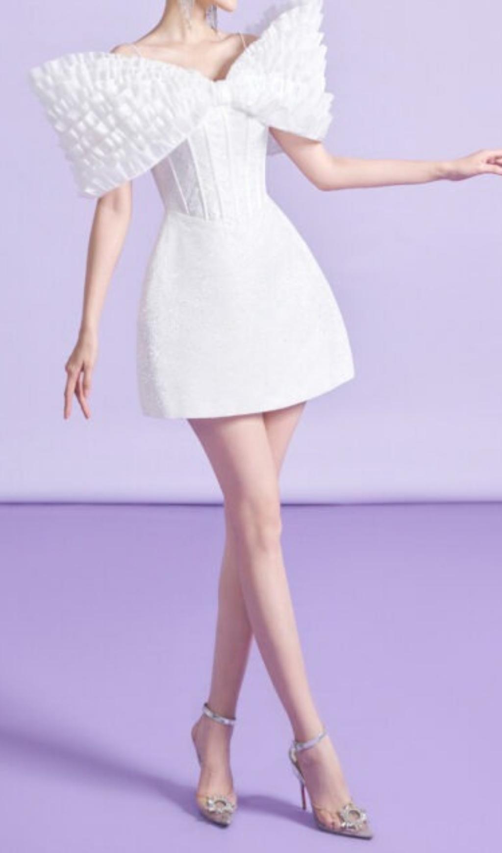 BowKnot Fishbone Mini Dress In White