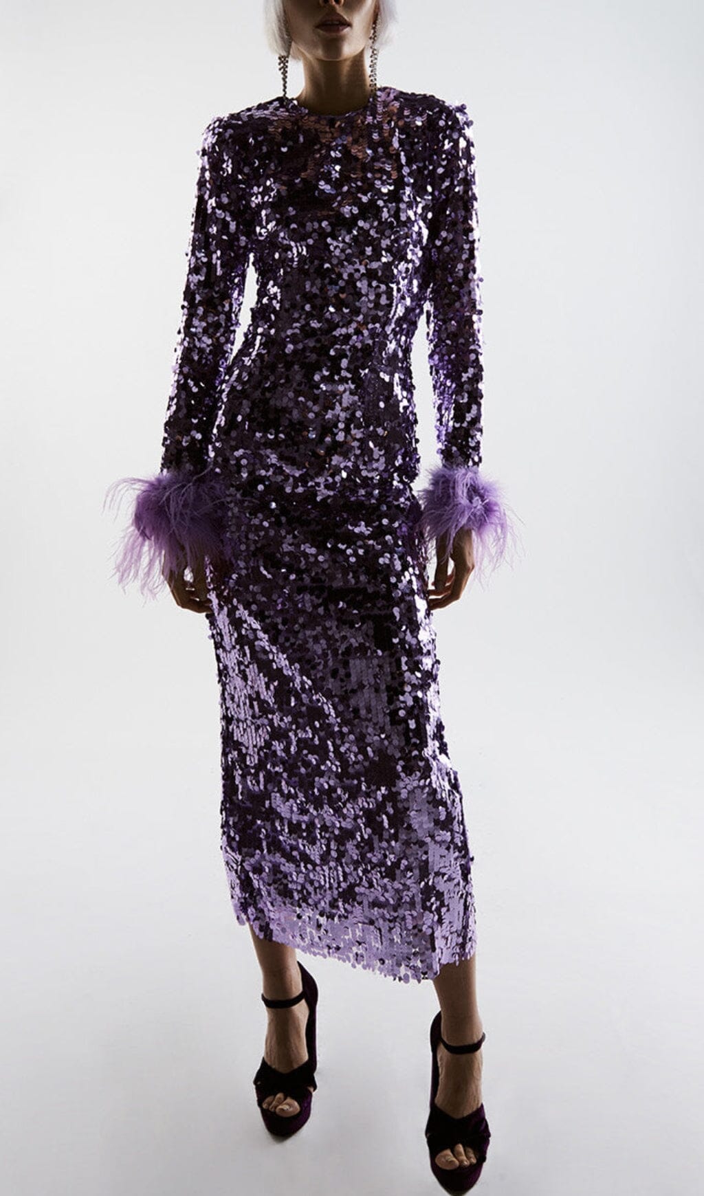 Sequin Patchwork Plush Cuff Dress In Purple