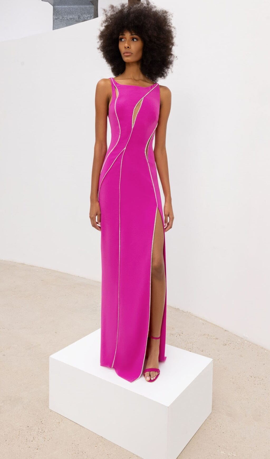 Crystal Wavy Cutout Thigh-Slit Cady Gown