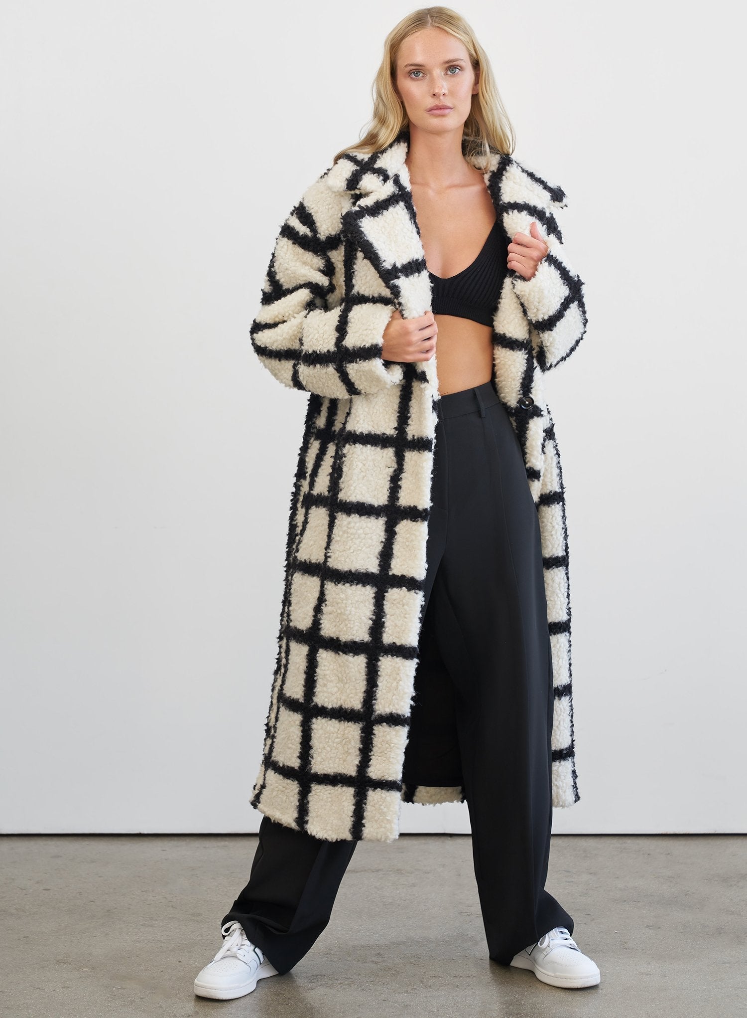 NIna Faux Fur Check Coat Cream And Black