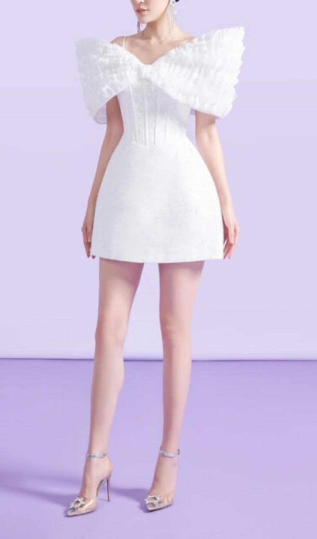 BowKnot Fishbone Mini Dress In White