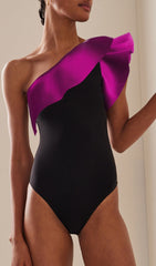 One Shoulder Ruffle Color Block One Piece Swimsuit And Sarong