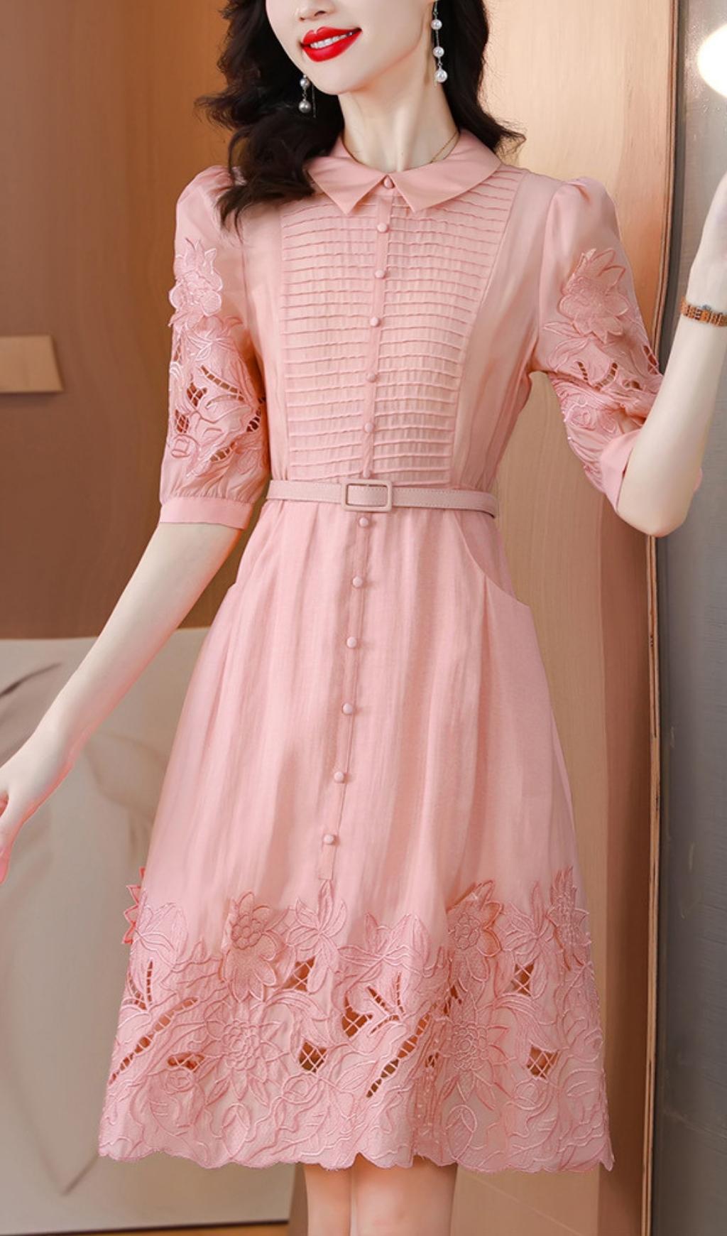 Cutout Embroidery Midi Dress In Pink
