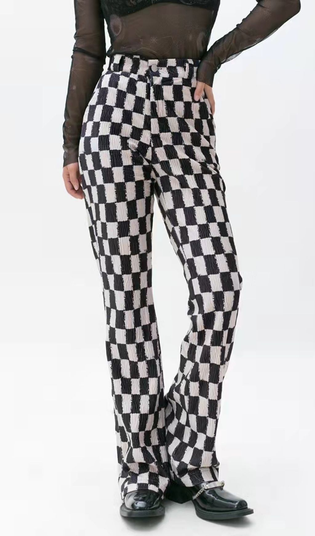 Retro Checkboard Slit FlAred Trousers