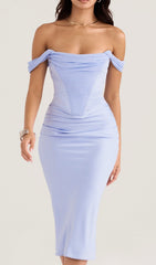 Sky Satin Corset Midi Dress