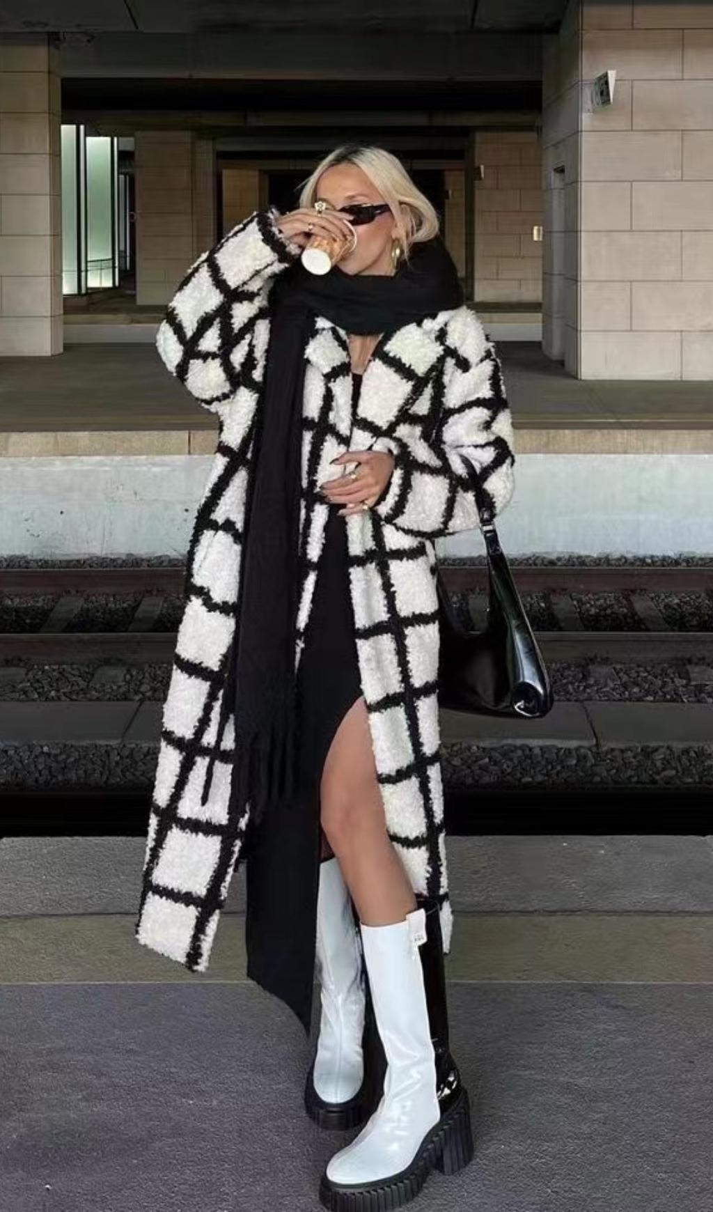 NIna Faux Fur Check Coat Cream And Black