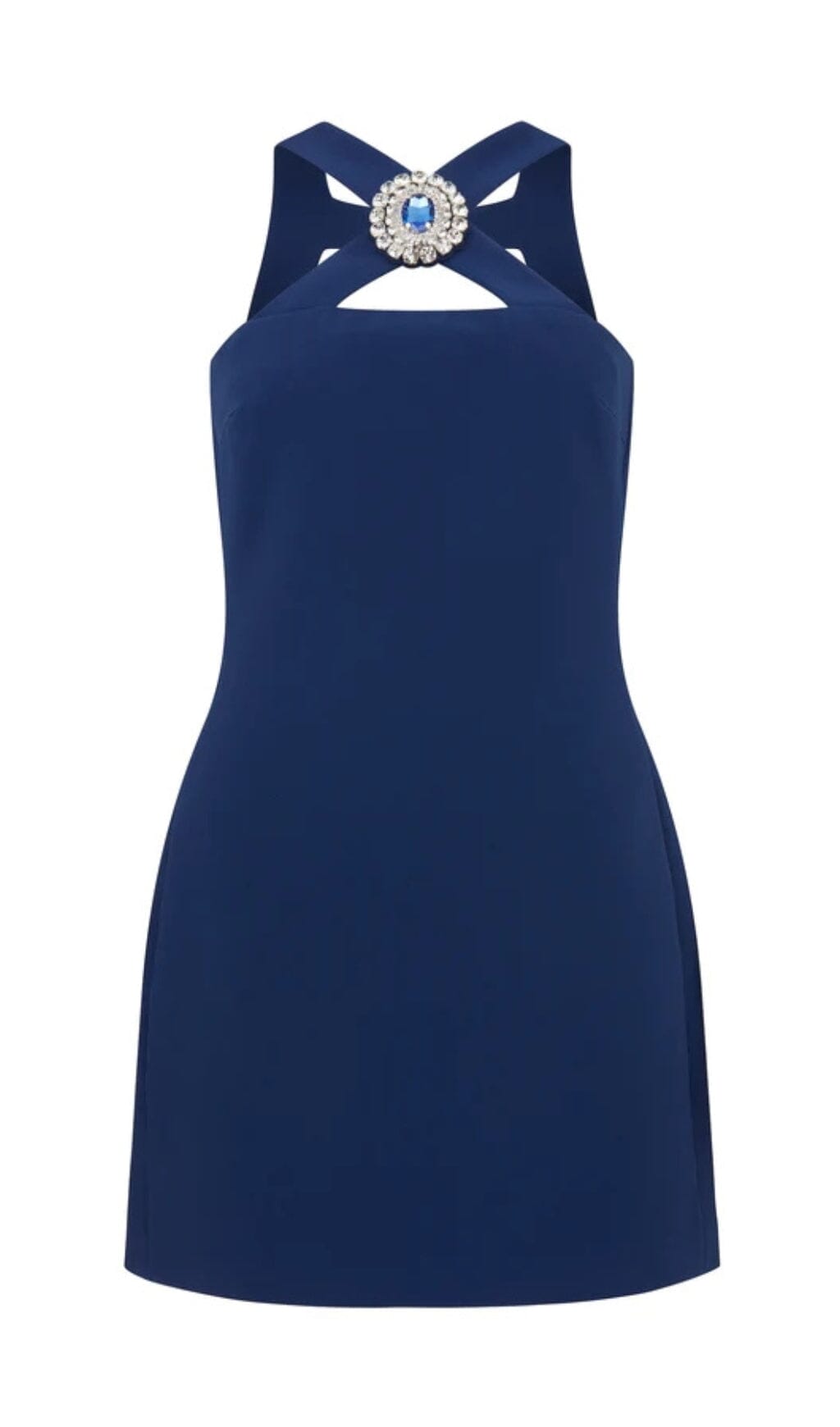 Crystal-Brooch Crepe Mini Dress In Navy Blue