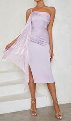 Satin Crystal Midi Dress In Lilac Gray