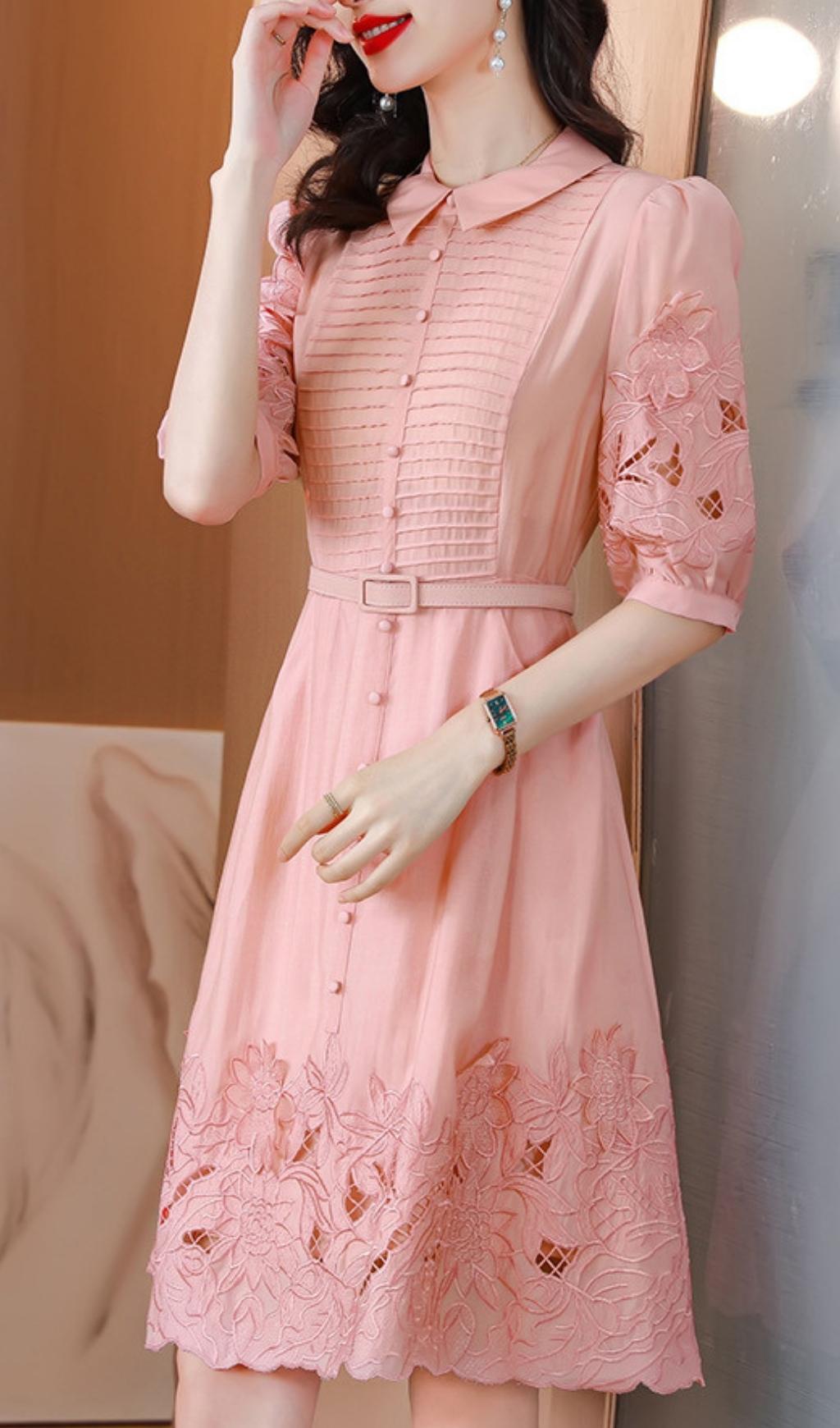 Cutout Embroidery Midi Dress In Pink