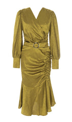 Long Sleeves Ruched Midi Dress In YelLow