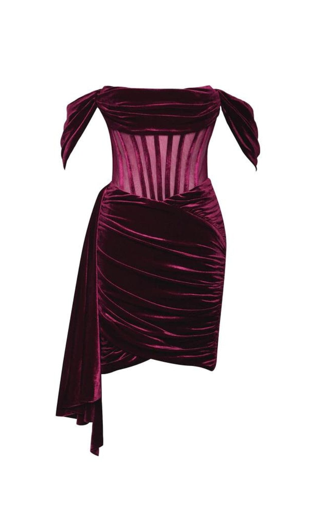 IRISA Burgundy DraPInG Off Shoulder Corset Dress