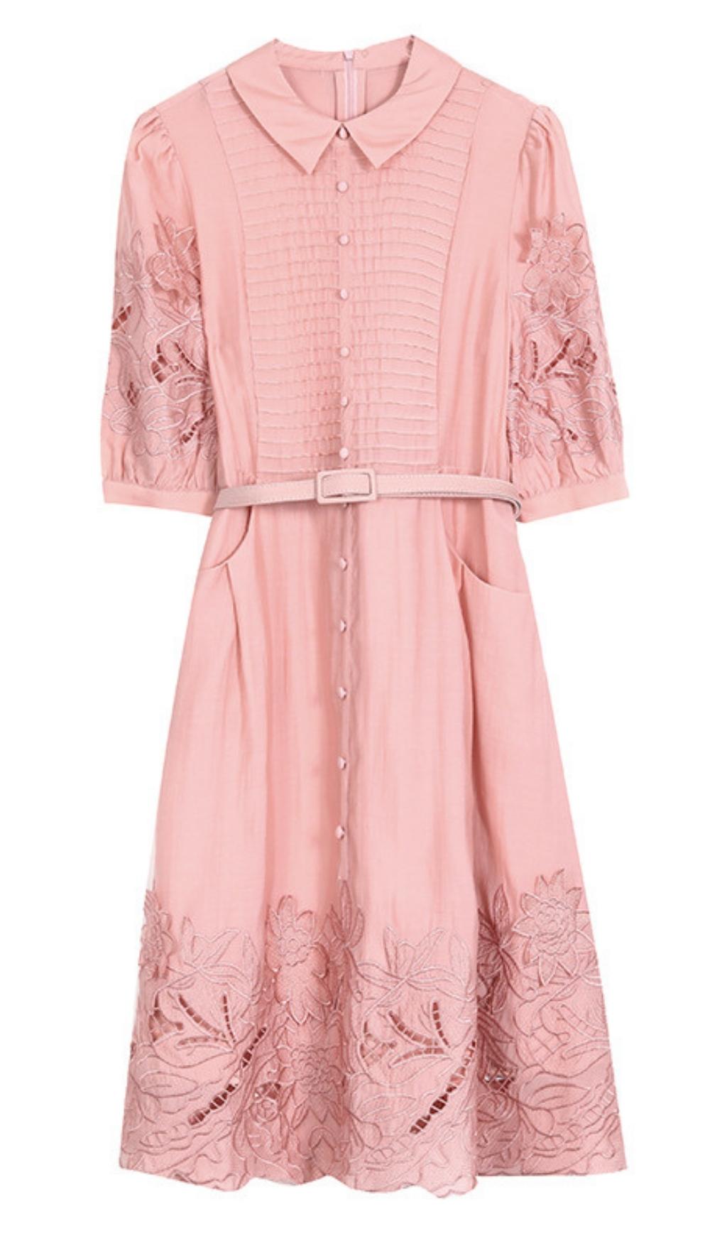 Cutout Embroidery Midi Dress In Pink