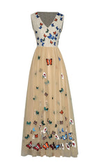 Butterfly Lace Midi Dress In Beige