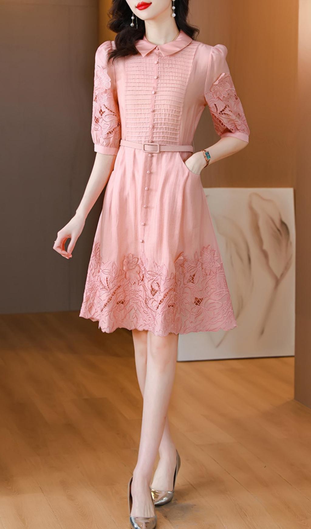 Cutout Embroidery Midi Dress In Pink
