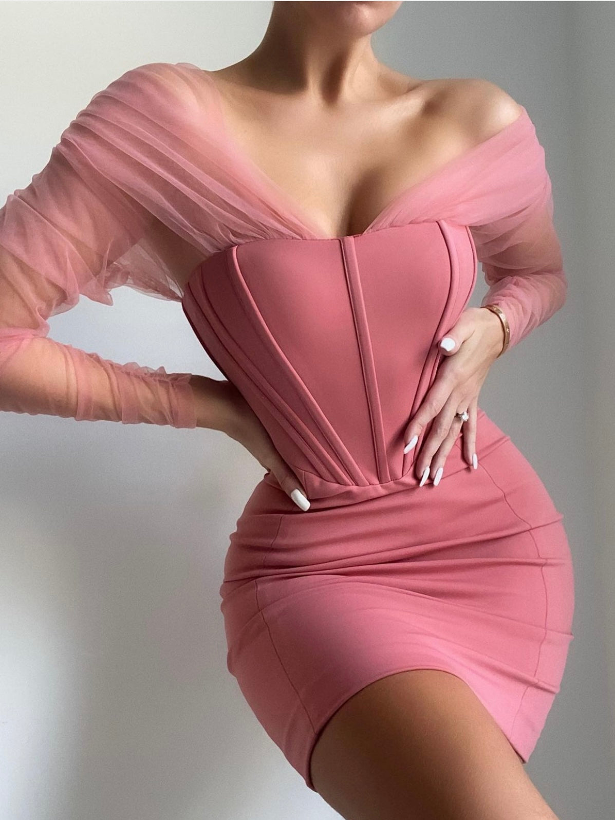 Off Shoulder Mesh Mini Dress In Pink