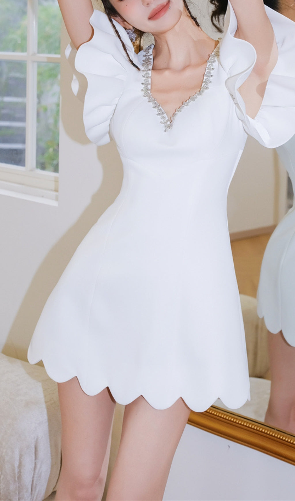 White Diamond Chain V-Neck Petal Sleeve Mini Dress