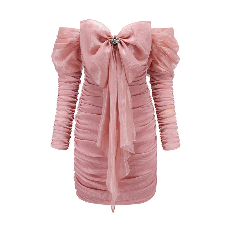 Pink BowKnot Long Sleeve Mini Dress