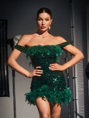 Off Shoulder Sequin FeaTher Mini Dress In Green