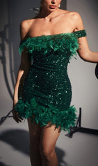 Off Shoulder Sequin FeaTher Mini Dress In Green