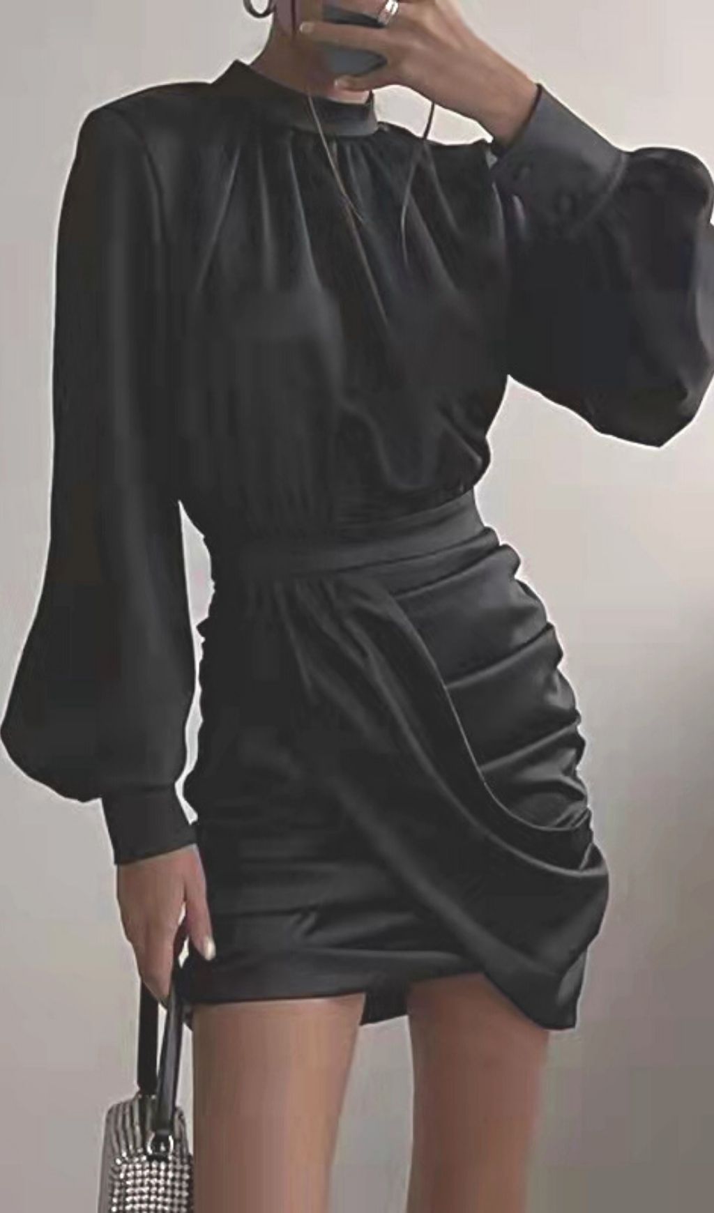 Black Heavy Satin High NeckED Draped Dress