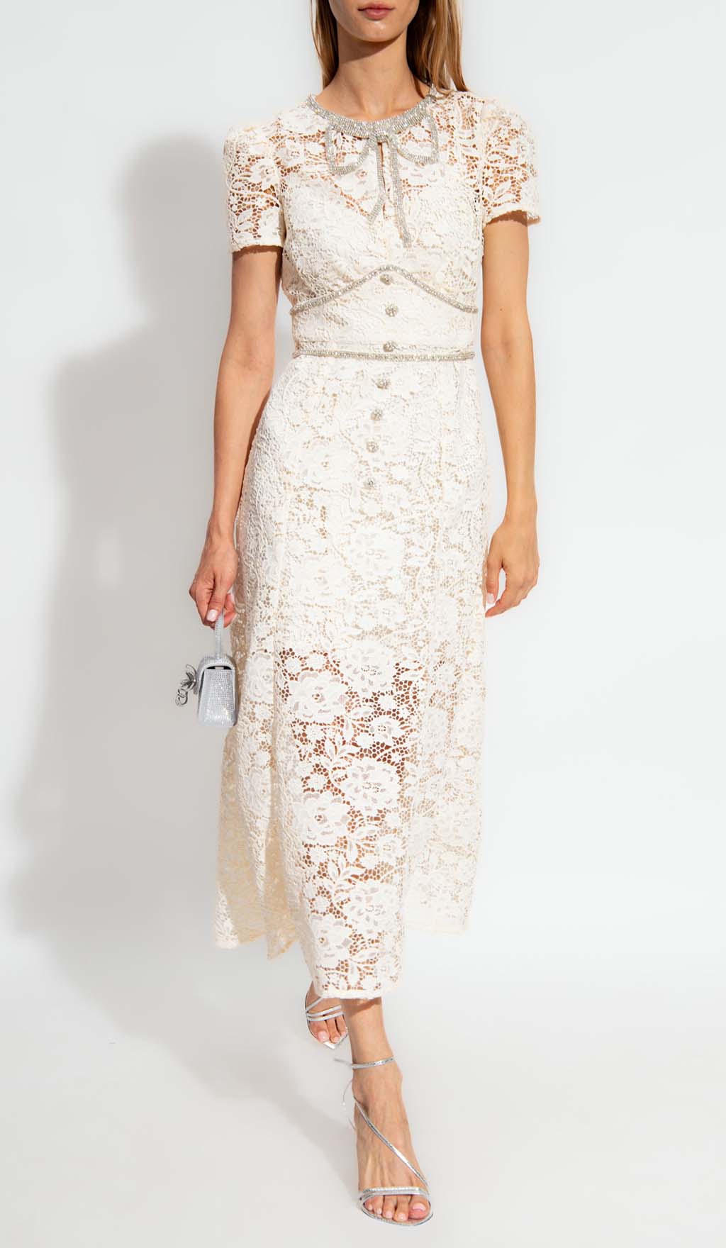 Bow-EmbelliShed Floral-Lace Midi Dress In Beige