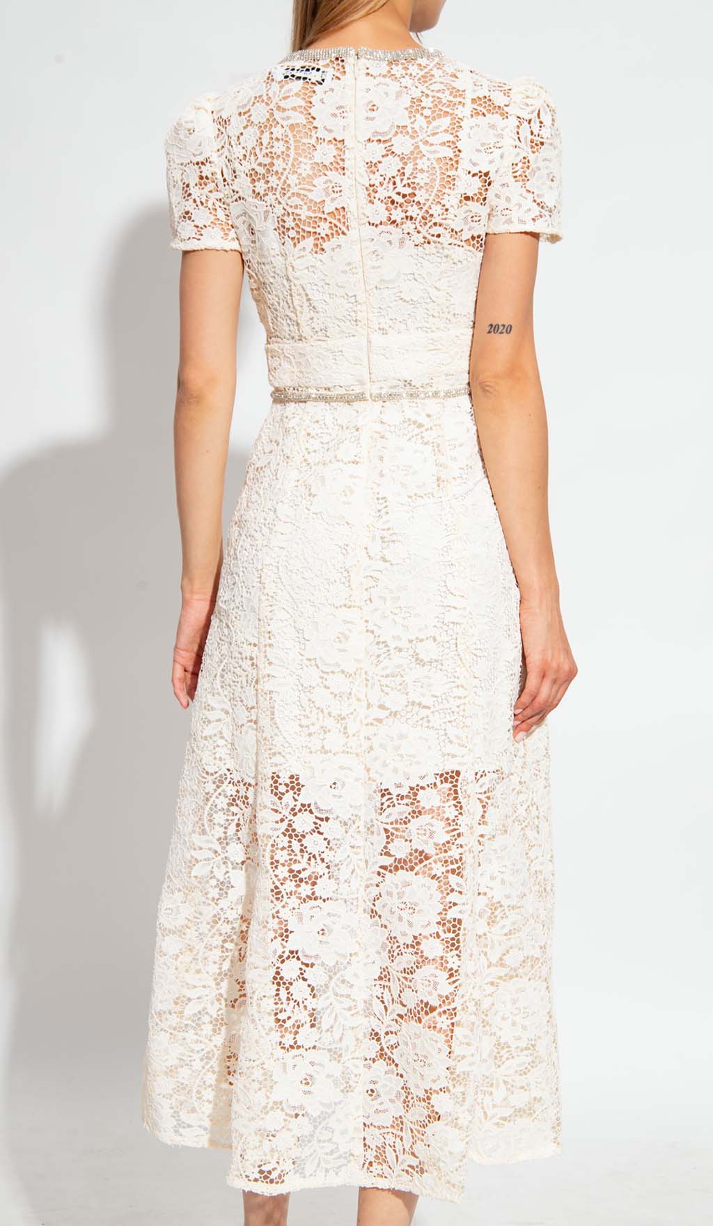 Bow-EmbelliShed Floral-Lace Midi Dress In Beige