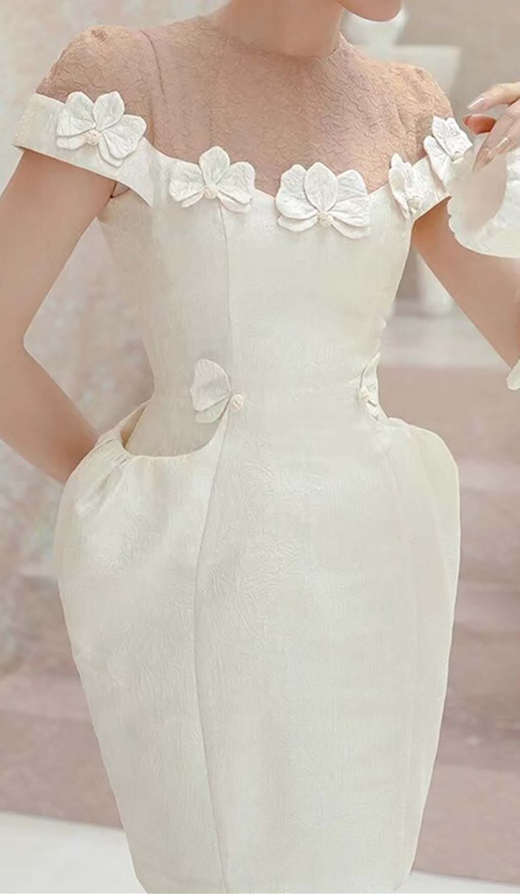 Bow-EmbelliShed Pocket Midi Dress In White