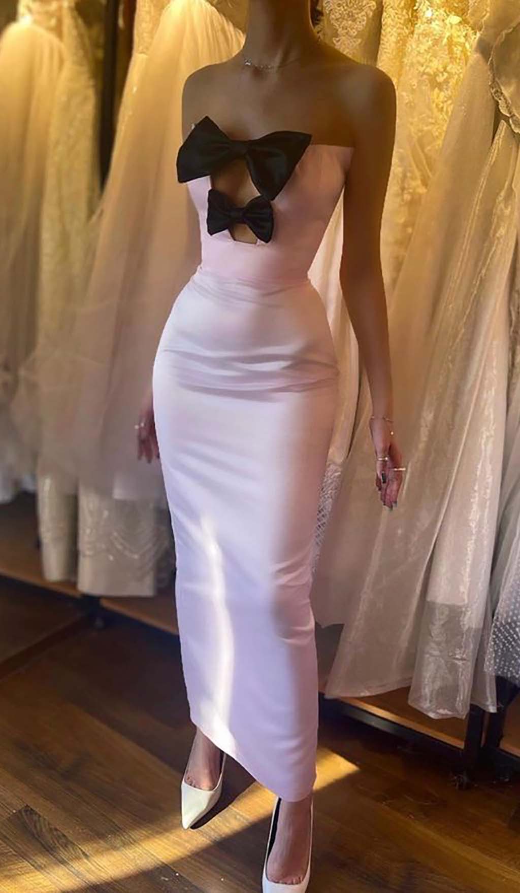 Bow-EmbelliShed Satin Midi Dress In Pink
