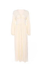 Button-Front Puffed Sleeves Maxi Dress In Beige