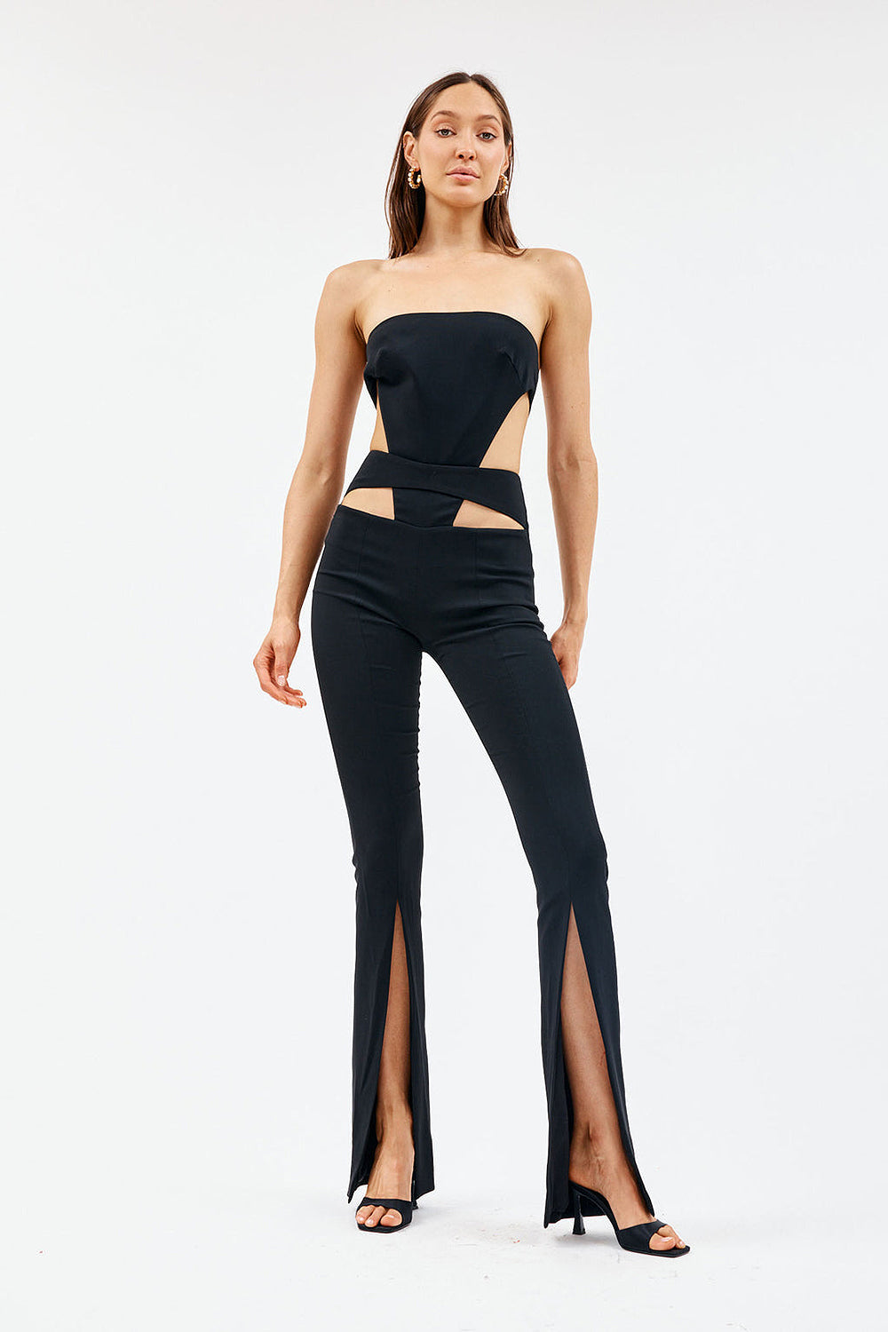 Black Strapless Cutout Slit Jumpsuits