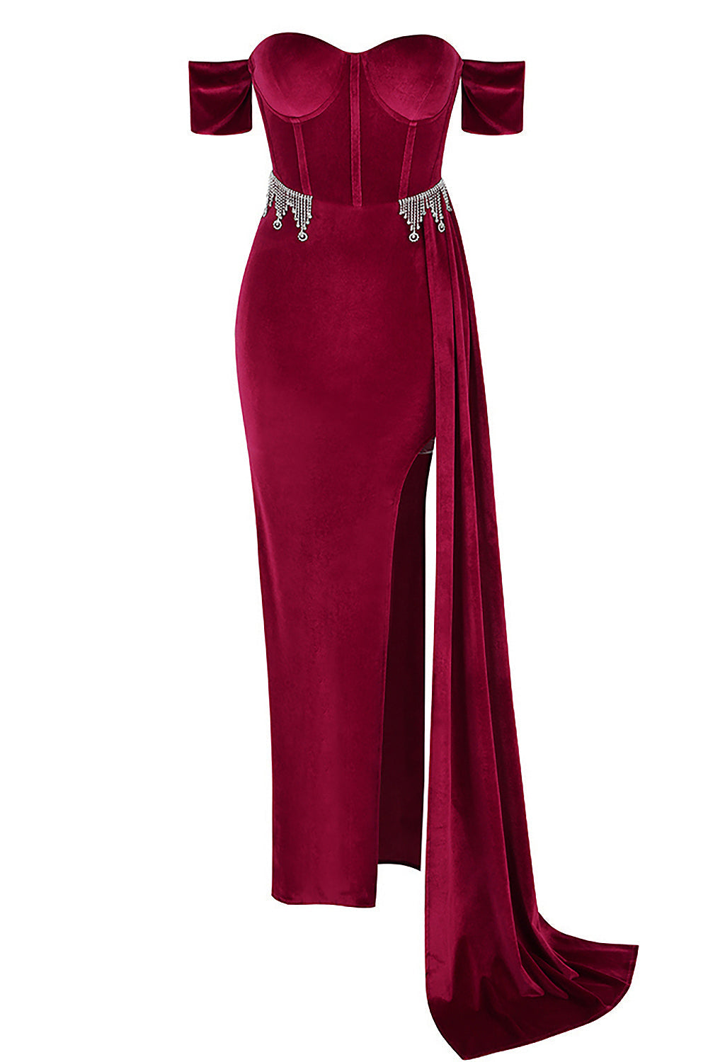 Burgundy Velvet Off Shoulder Side TAIL Slit Maxi Dress