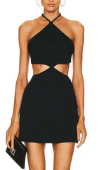 Button Backless HALTe Mini BAndGe Dress In Black