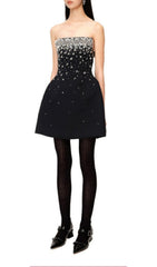 Crystal Beading Strapless Mini Dress In Black