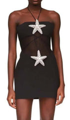 Crystal Starfish Halter Mini Dress In Black